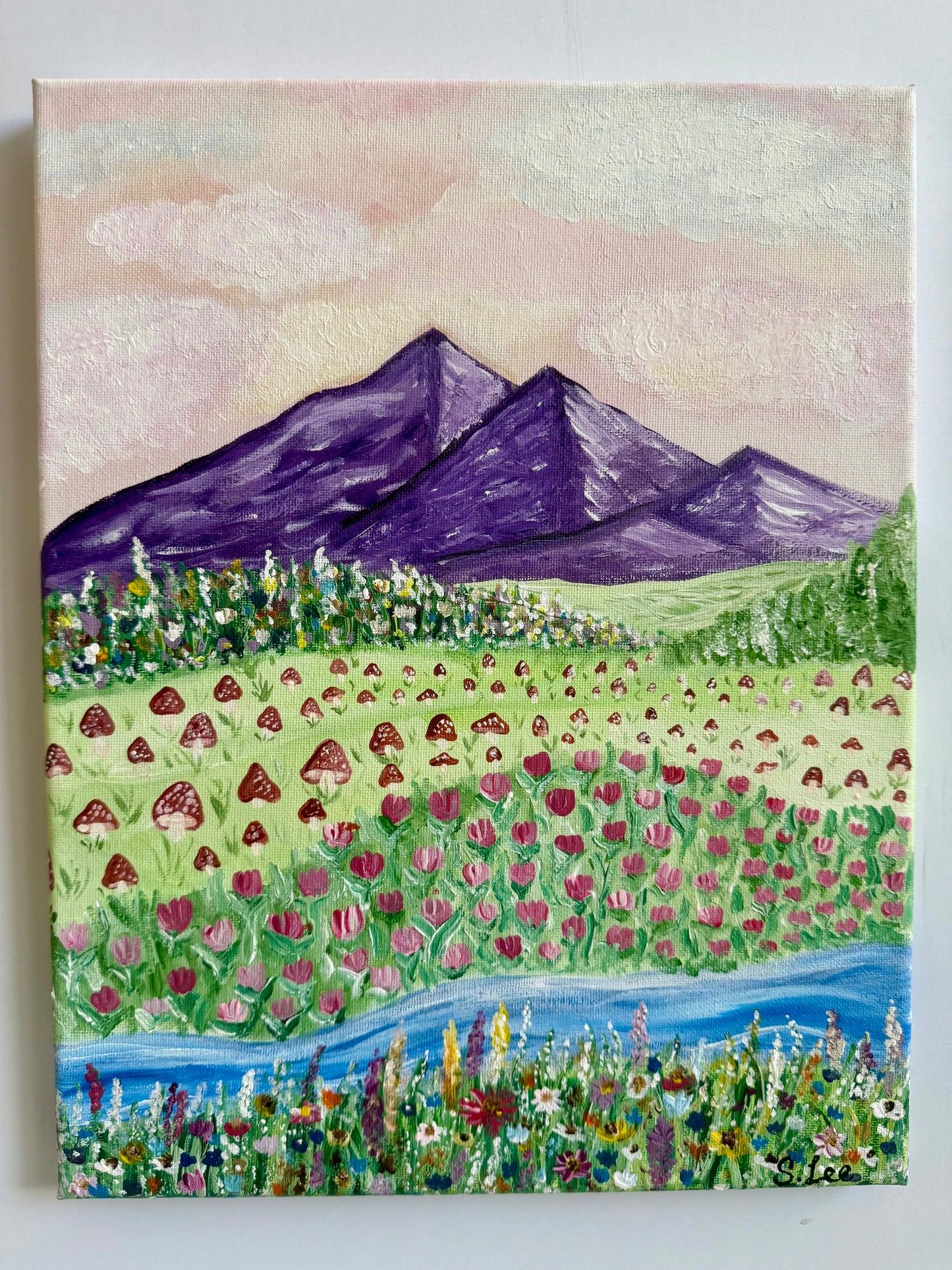 Fairy Fields Painting - Whimsical Landscape Painting - Mountains - Mushrooms - Wildflowers - Original